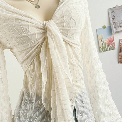 Crinkle Texture V-Neck Top with Flared Sleeves and Tie-Front