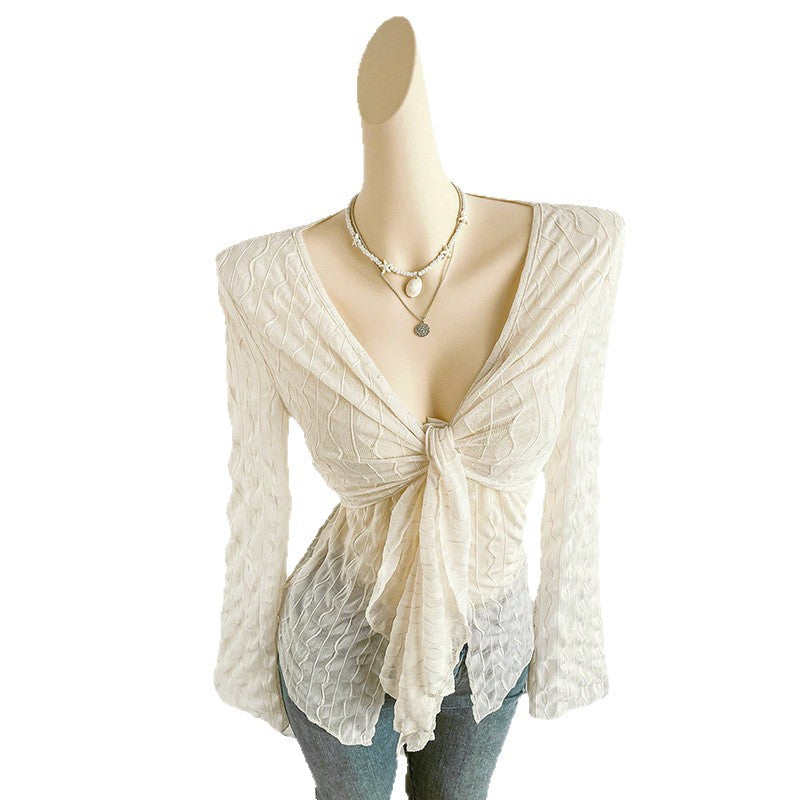 Crinkle Texture V-Neck Top with Flared Sleeves and Tie-Front