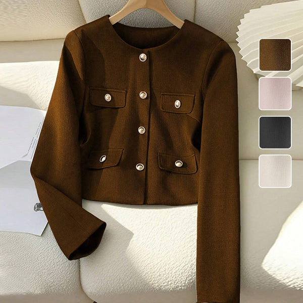 Cropped Collarless Jacket with Button-Flap Pockets