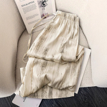 High-Waist Wide-Leg Pants with Vertical Brushstroke Print