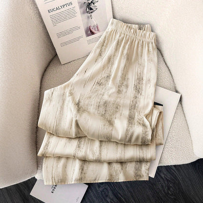 High-Waist Wide-Leg Pants with Vertical Brushstroke Print