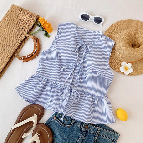 Striped Sleeveless Peplum Top with Front Bow Ties