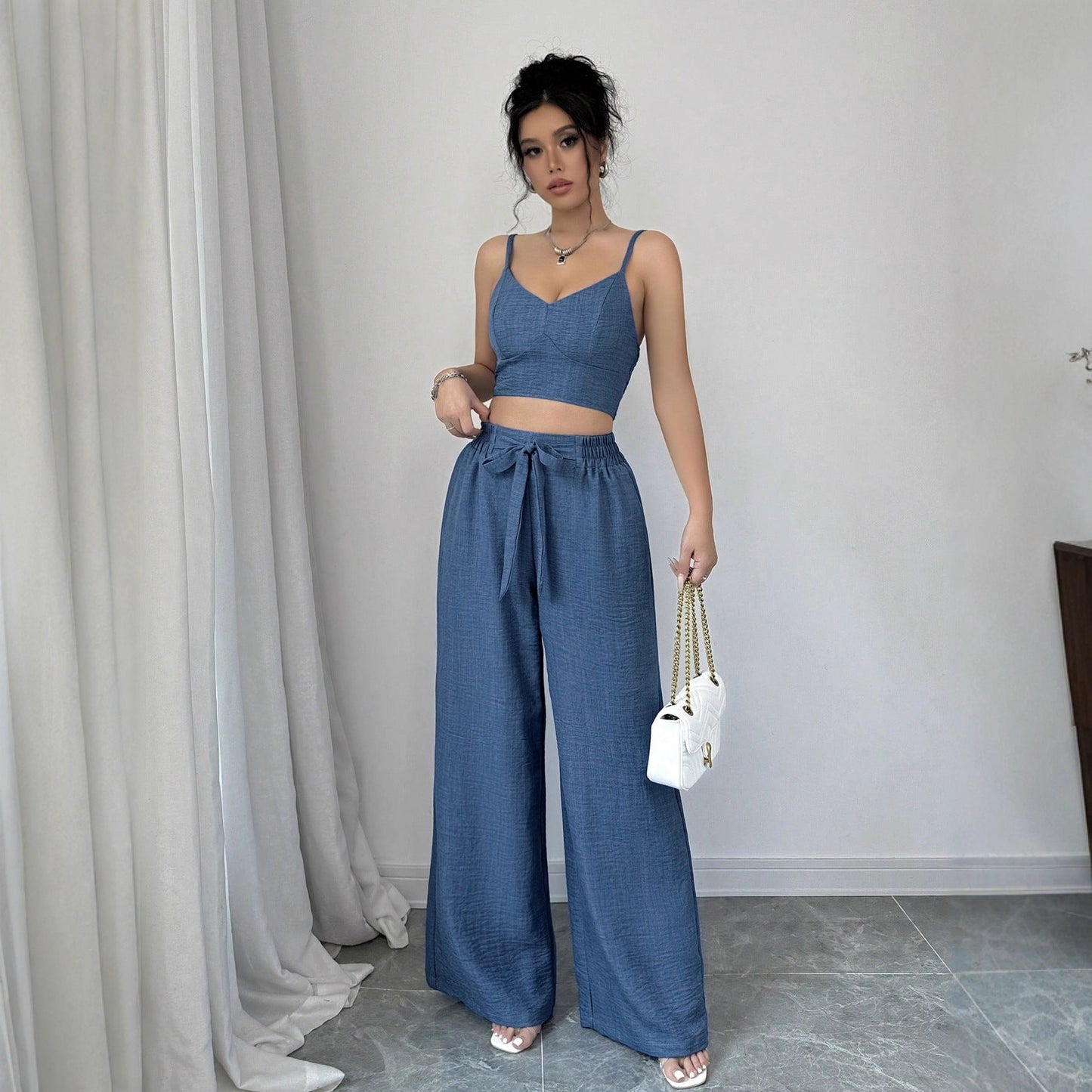 Solid Blue Camisole and Wide-Leg Pants Set with Tie-Waist