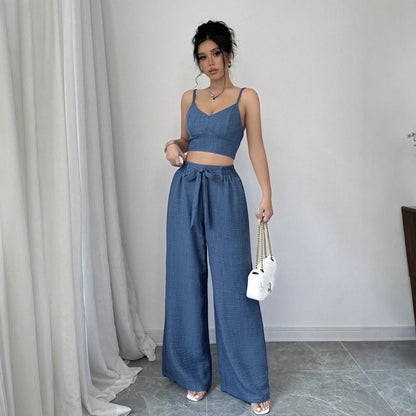 Solid Blue Camisole and Wide-Leg Pants Set with Tie-Waist