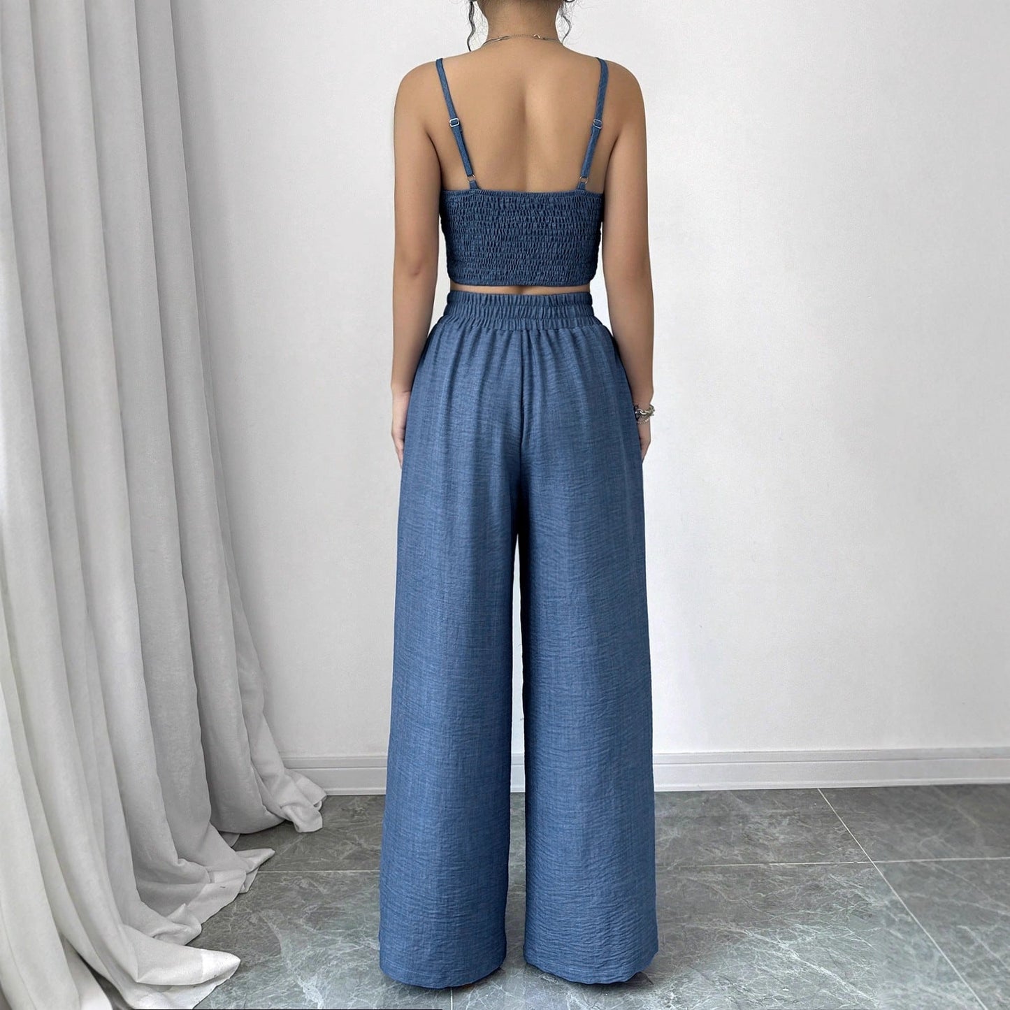 Solid Blue Camisole and Wide-Leg Pants Set with Tie-Waist