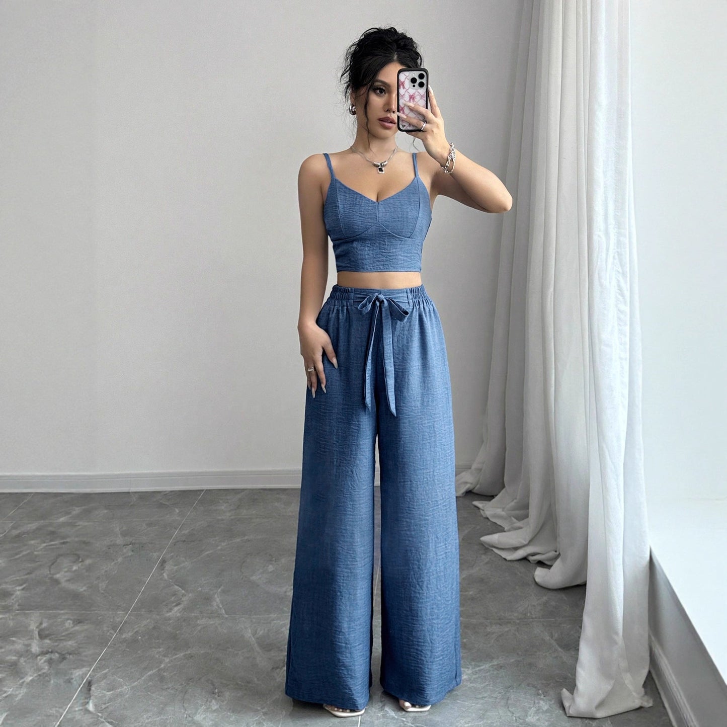 Solid Blue Camisole and Wide-Leg Pants Set with Tie-Waist