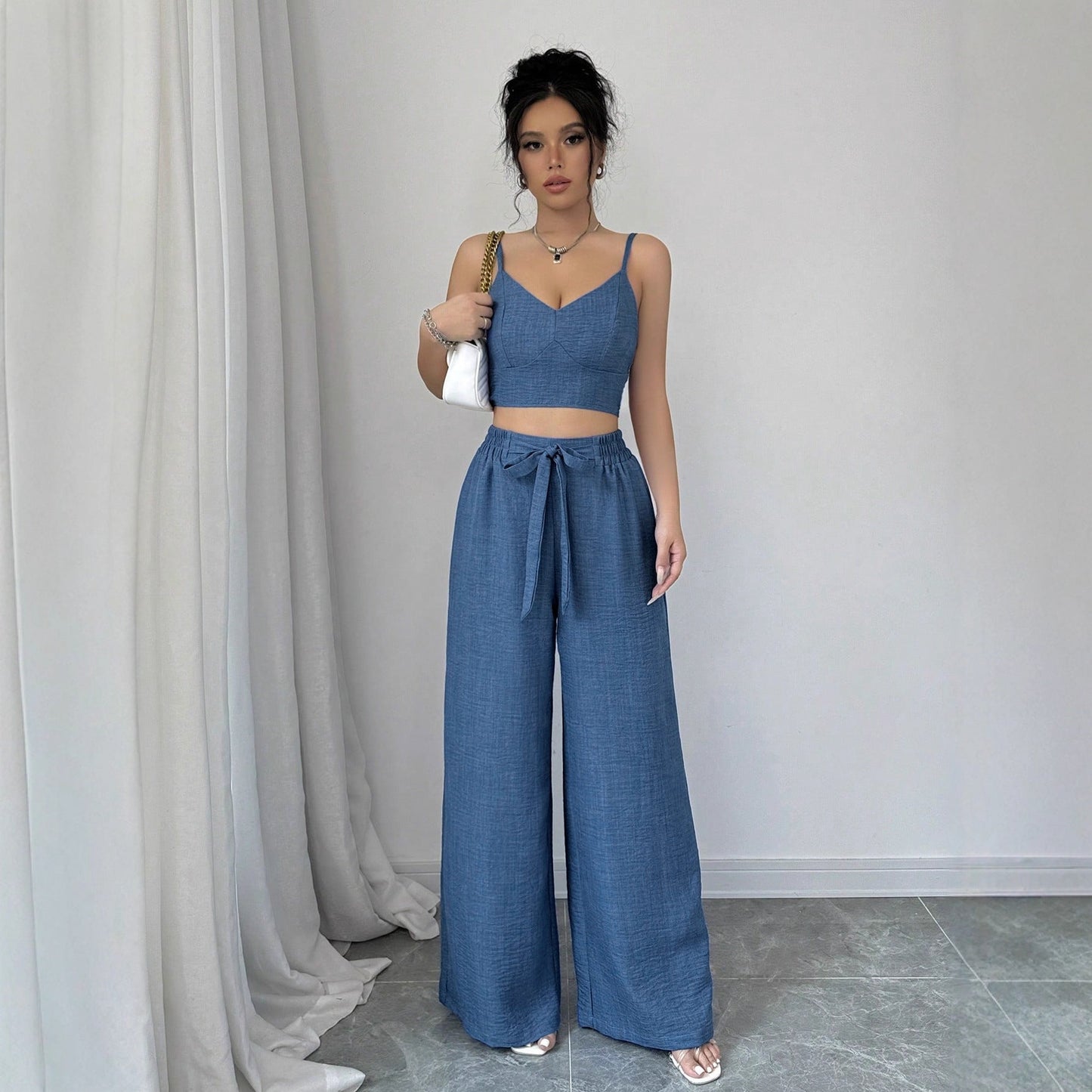 Solid Blue Camisole and Wide-Leg Pants Set with Tie-Waist