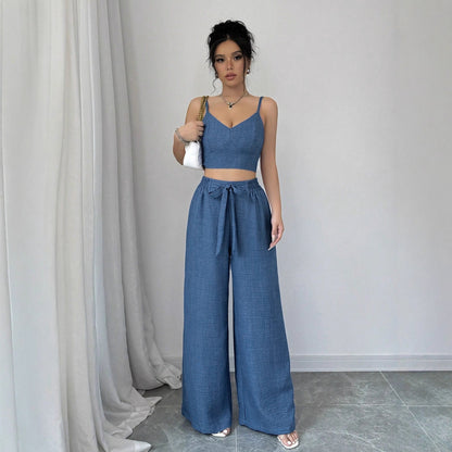 Solid Blue Camisole and Wide-Leg Pants Set with Tie-Waist