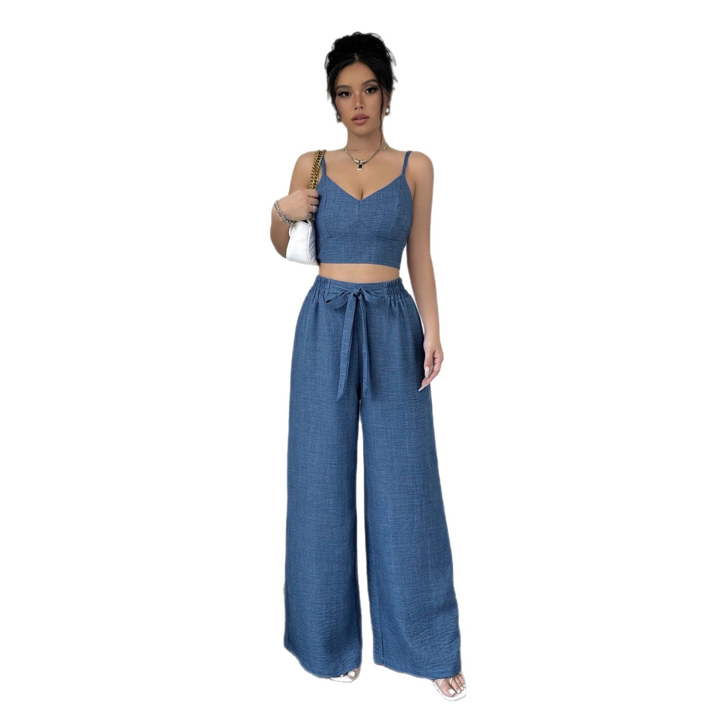 Solid Blue Camisole and Wide-Leg Pants Set with Tie-Waist
