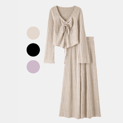Ribbed Knit Two-Piece Set with Tie-Front Top and Wide-Leg Pants