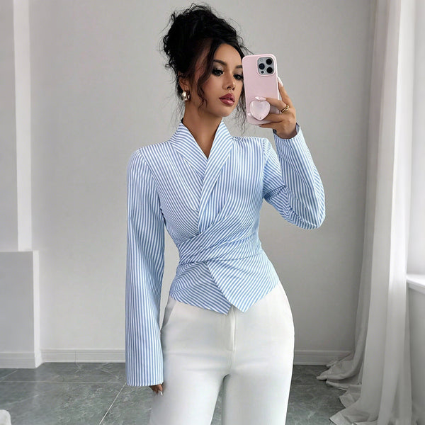 Striped Wrap Blouse with V-Neck and Asymmetrical Hem