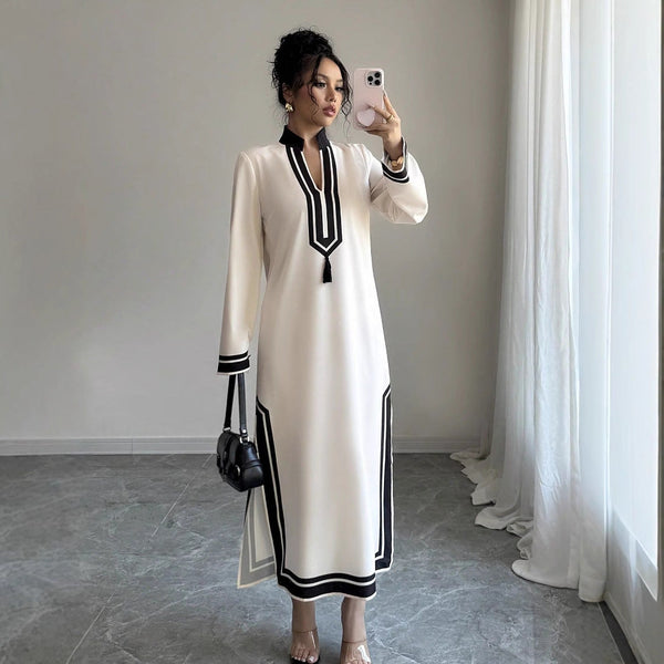 Contrast Trim Maxi Dress with Mandarin Collar and Tassel Detail