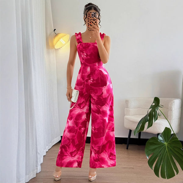 Floral Print Wide-Leg Jumpsuit with Ruffled Straps