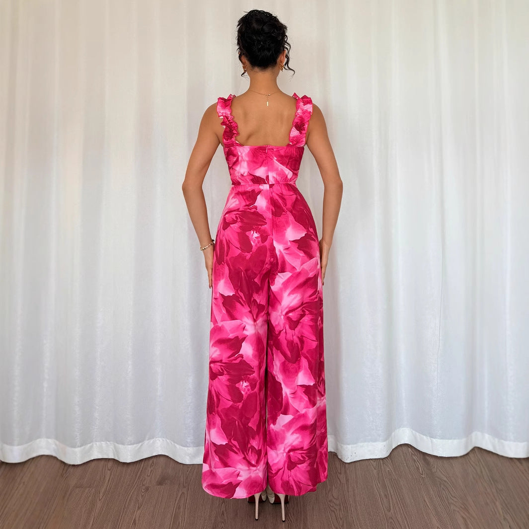 Floral Print Wide-Leg Jumpsuit with Ruffled Straps