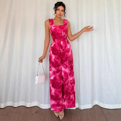 Floral Print Wide-Leg Jumpsuit with Ruffled Straps