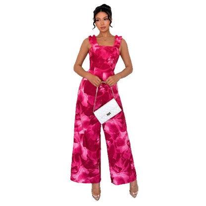 Floral Print Wide-Leg Jumpsuit with Ruffled Straps