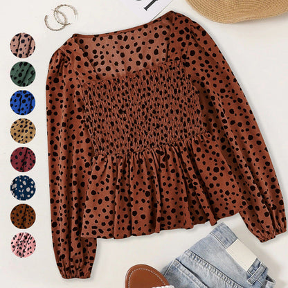 Polka Dot Peplum Blouse with Square Neck and Smocked Bodice