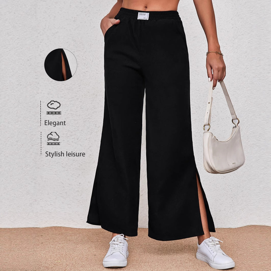 Wide-Leg Trousers with Side Slits and Elastic Waist