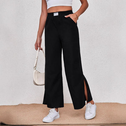 Wide-Leg Trousers with Side Slits and Elastic Waist