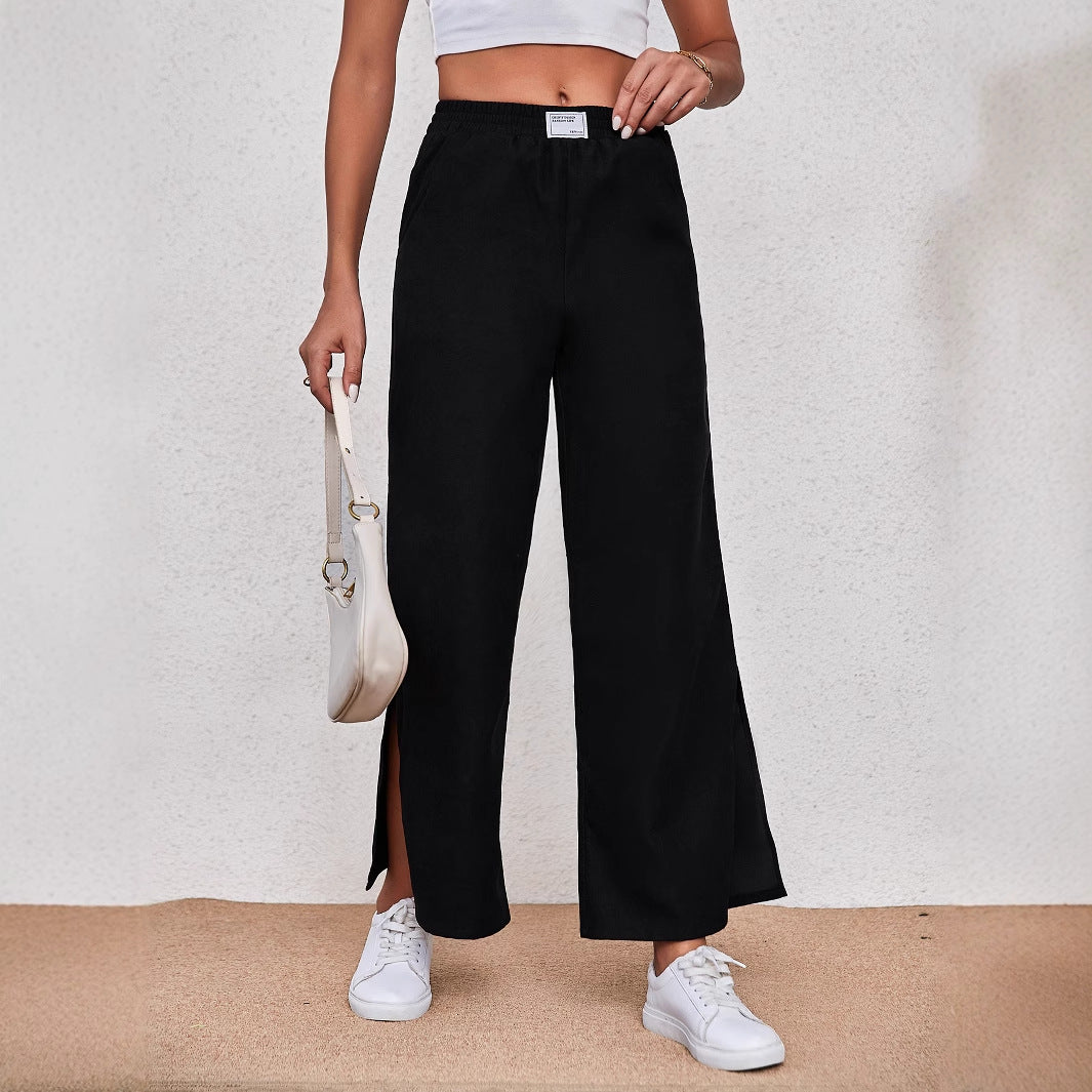 Wide-Leg Trousers with Side Slits and Elastic Waist