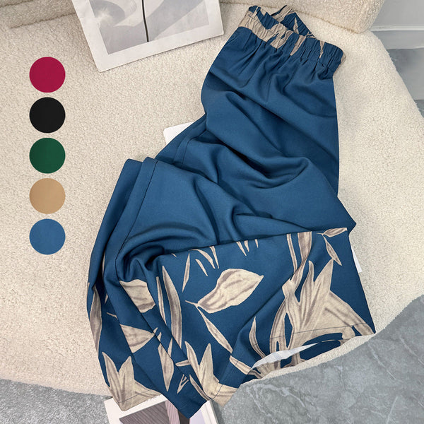 High-Waist Wide-Leg Trousers with Graphic Leaf Print