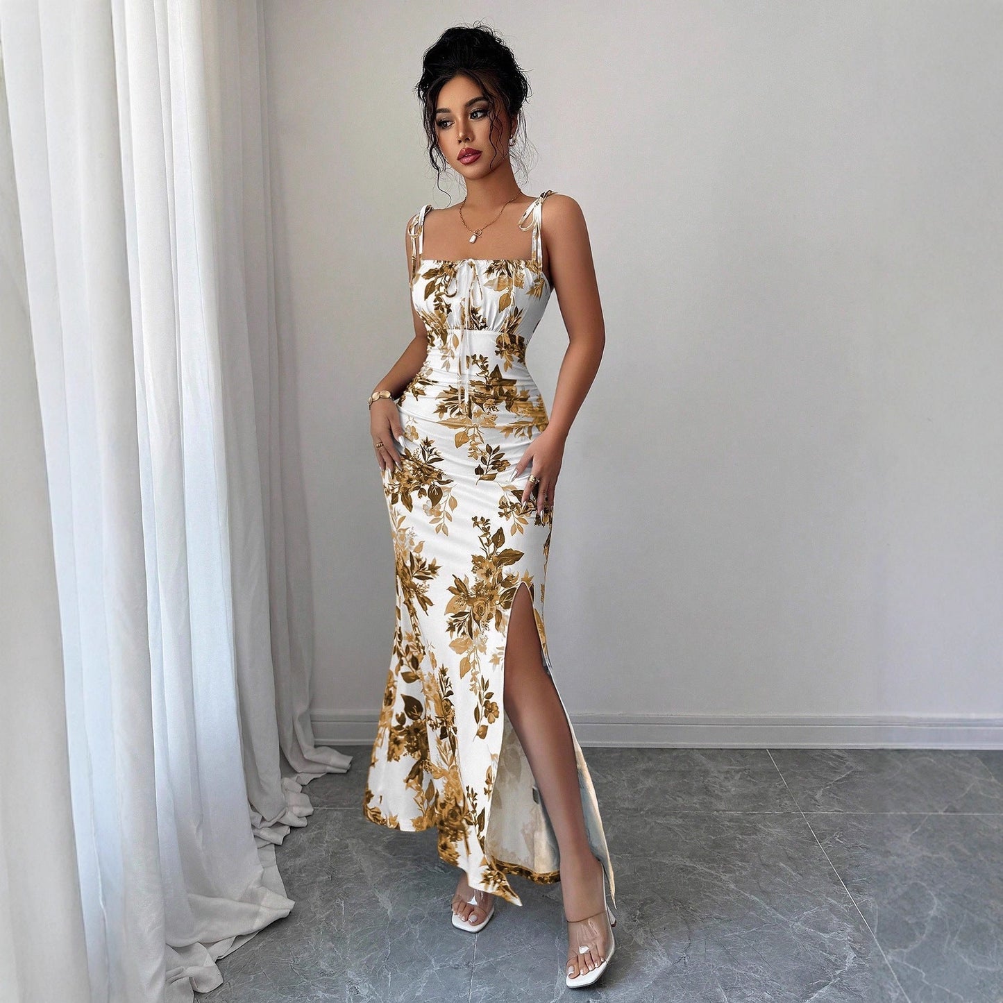 Floral Print Tie-Strap Maxi Dress with High Side Slit