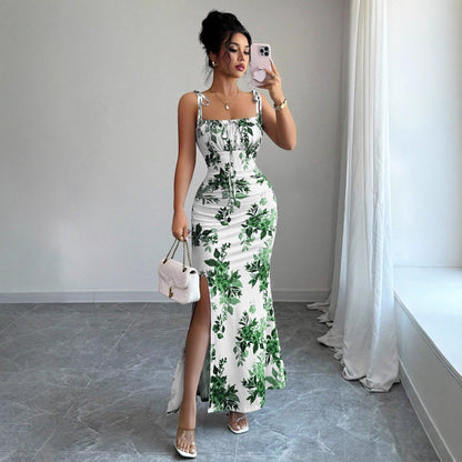 Floral Print Tie-Strap Maxi Dress with High Side Slit