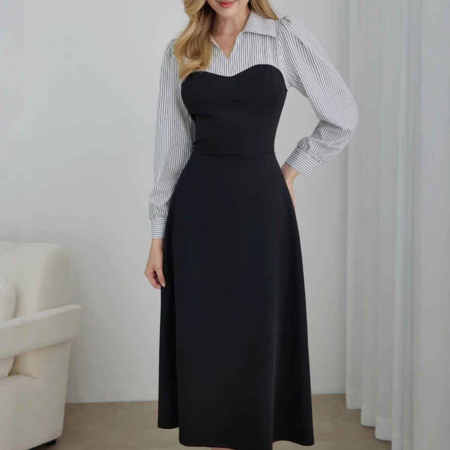 Striped A-Line Midi Dress with Sweetheart Neckline and Shirt Bodice