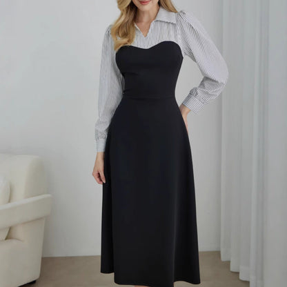Striped A-Line Midi Dress with Sweetheart Neckline and Shirt Bodice