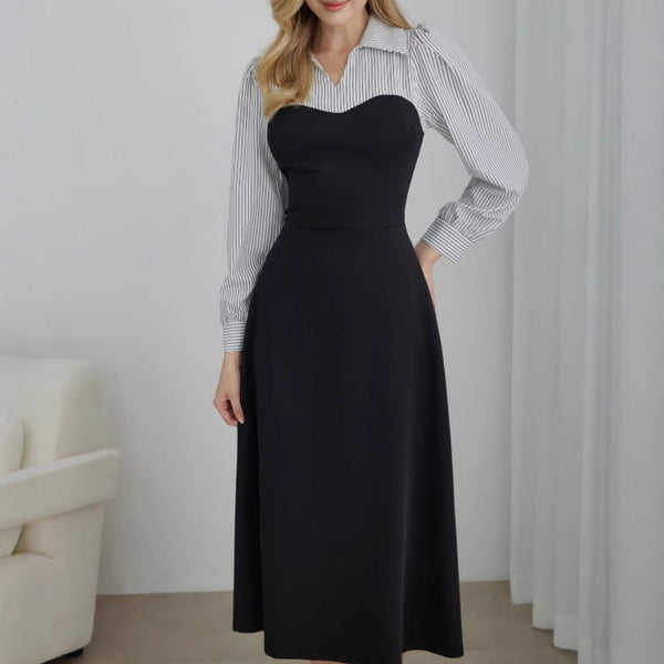 Striped A-Line Midi Dress with Sweetheart Neckline and Shirt Bodice