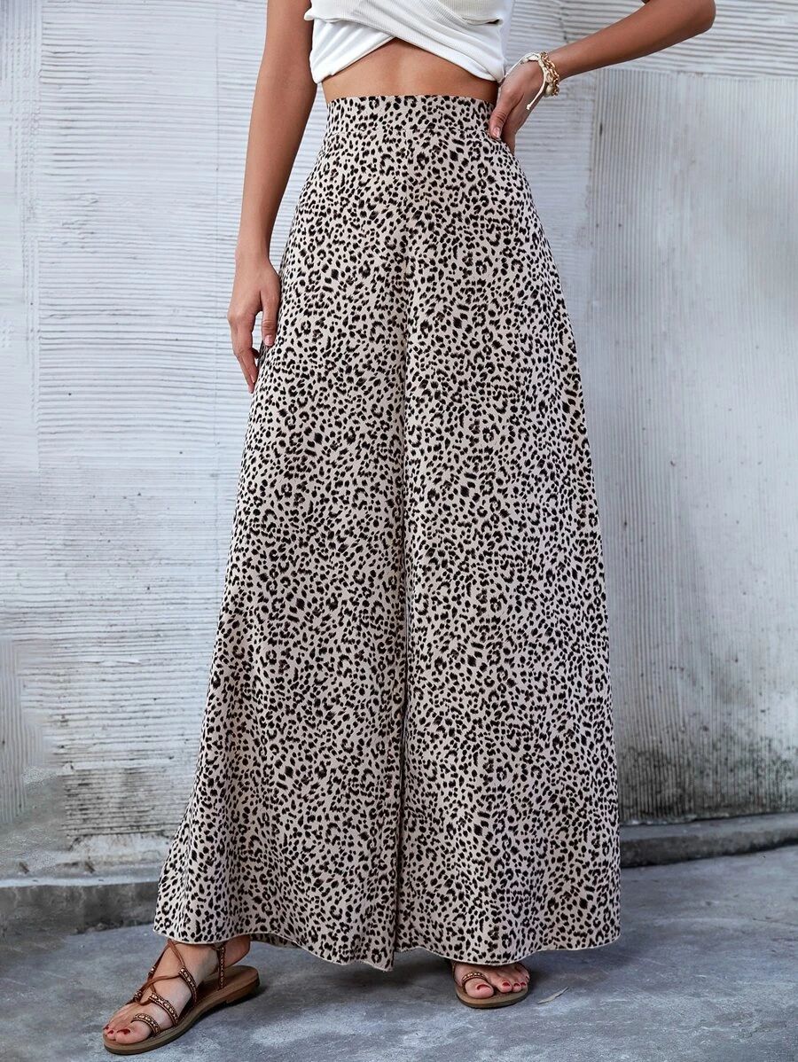 Leopard Print Wide-Leg Trousers with High Waist