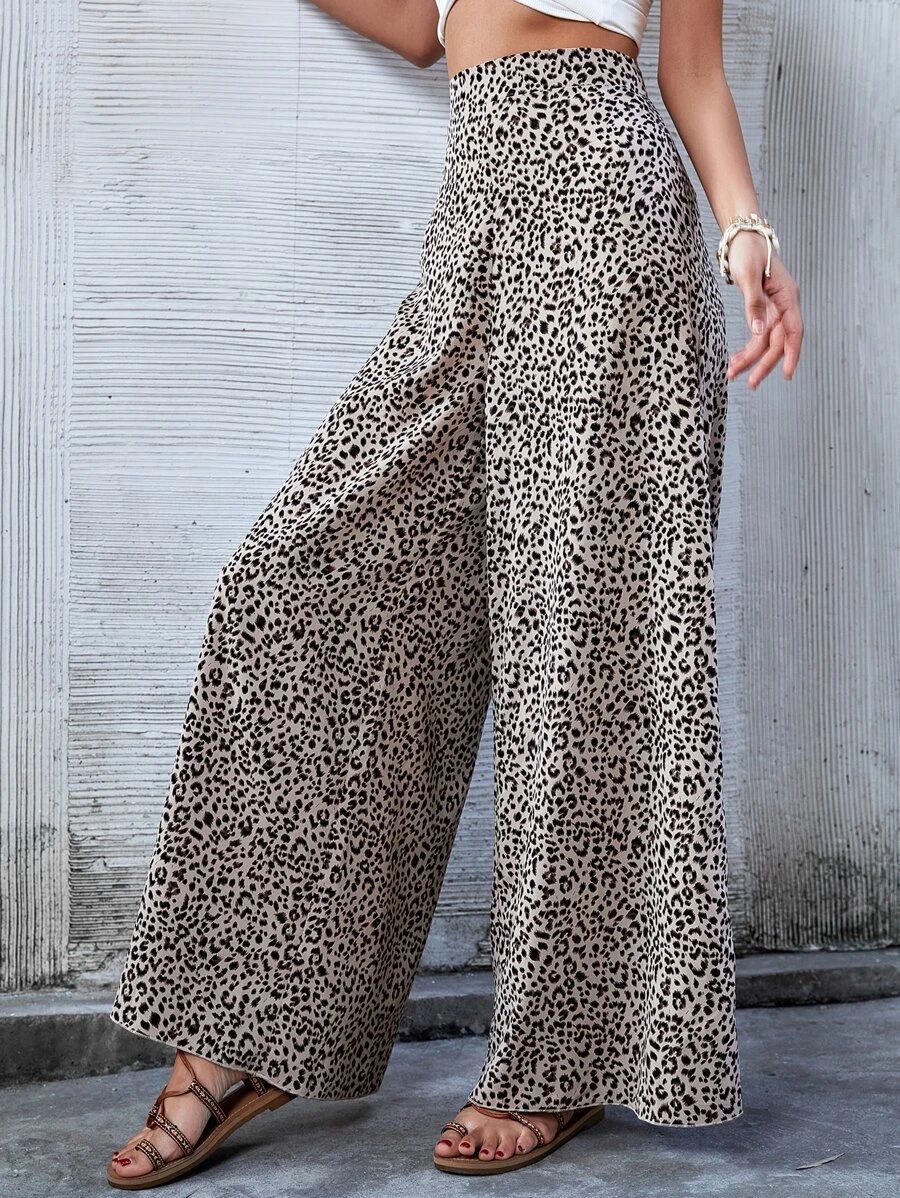 Leopard Print Wide-Leg Trousers with High Waist