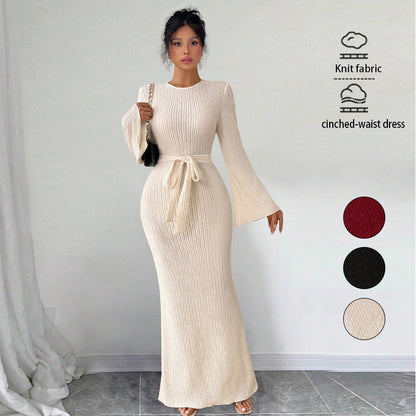 Ribbed Knit Maxi Dress with Bell Sleeves and Tie Waist