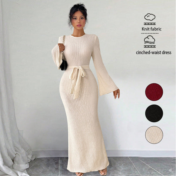 Ribbed Knit Maxi Dress with Bell Sleeves and Tie Waist