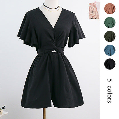 Wide-Leg Romper with V-Neck and Flutter Sleeves
