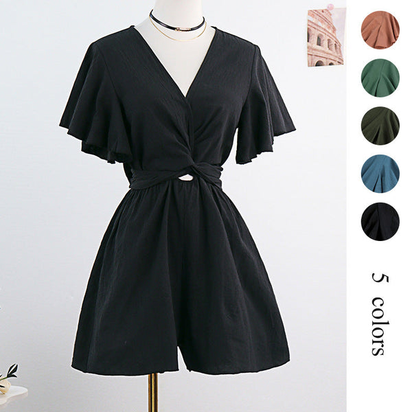 Wide-Leg Romper with V-Neck and Flutter Sleeves