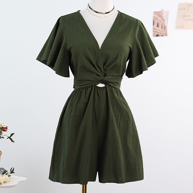 Wide-Leg Romper with V-Neck and Flutter Sleeves