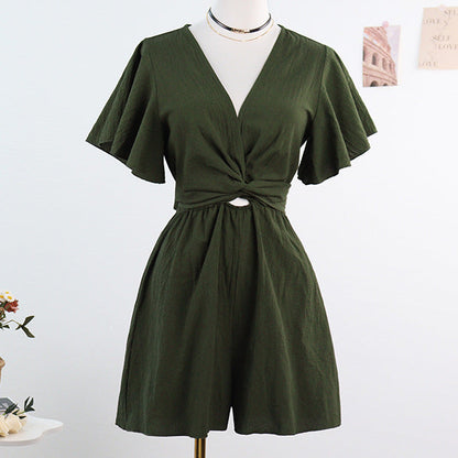 Wide-Leg Romper with V-Neck and Flutter Sleeves