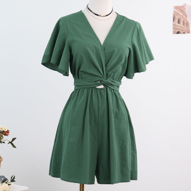 Wide-Leg Romper with V-Neck and Flutter Sleeves