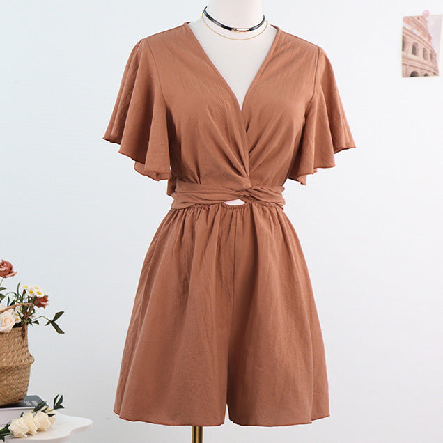Wide-Leg Romper with V-Neck and Flutter Sleeves