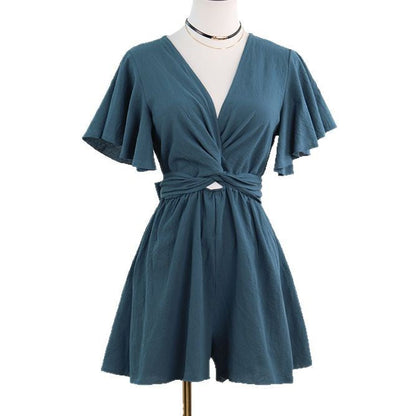 Wide-Leg Romper with V-Neck and Flutter Sleeves