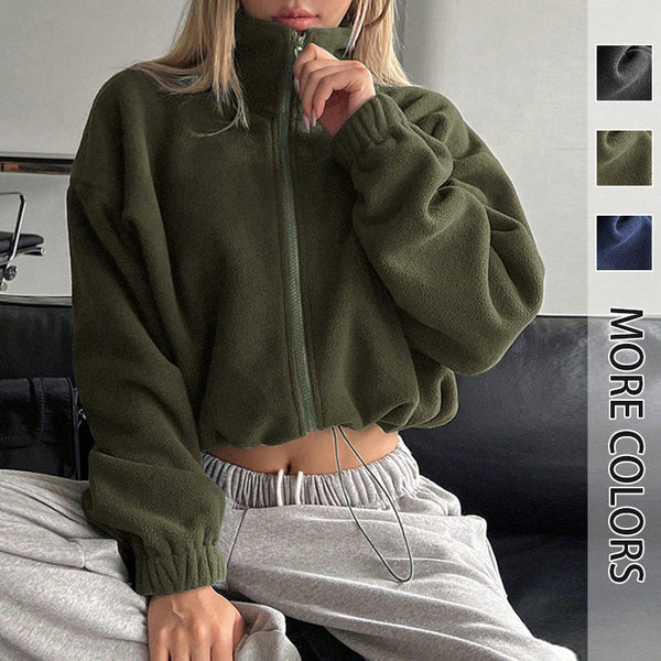 Cropped Fleece Jacket with Stand Collar and Drawstring Hem