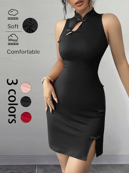 Bodycon Cheongsam Mini Dress with Mandarin Collar and Frog Buttons