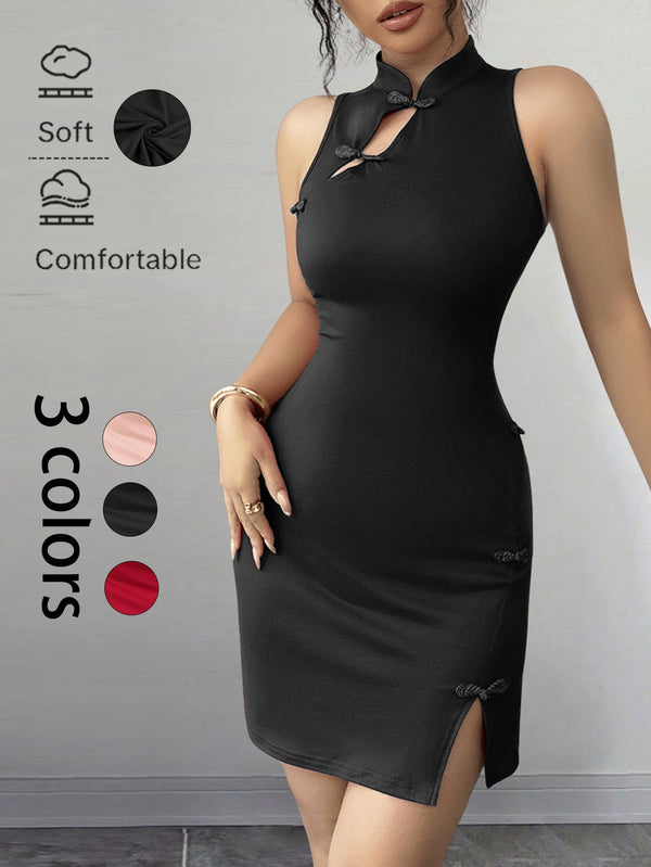 Bodycon Cheongsam Mini Dress with Mandarin Collar and Frog Buttons