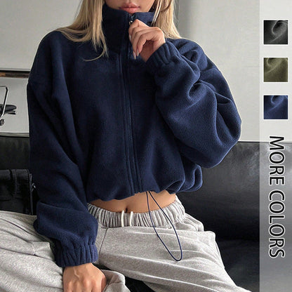 Cropped Fleece Jacket with Stand Collar and Drawstring Hem