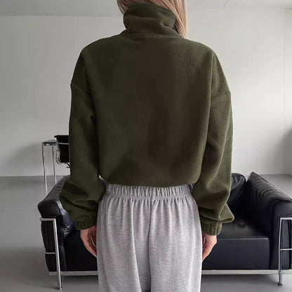 Cropped Fleece Jacket with Stand Collar and Drawstring Hem