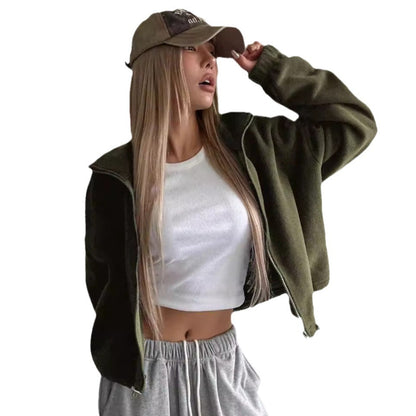 Cropped Fleece Jacket with Stand Collar and Drawstring Hem