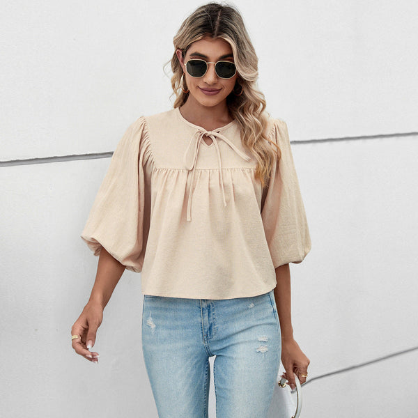 Loose-Fit Cotton Blouse with Puff Sleeves and Bow Tie Neck