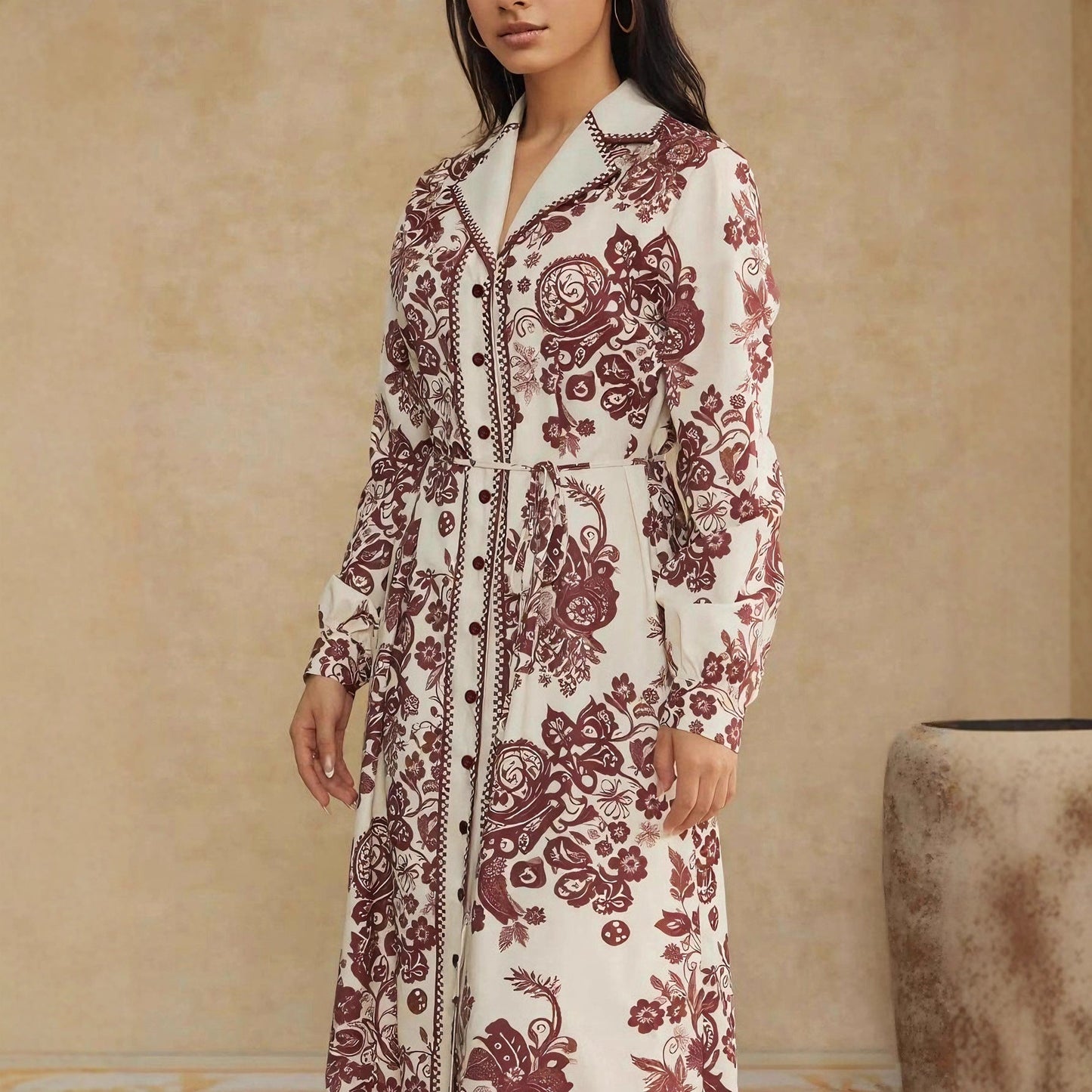High-Waist Geometric Maxi Dress with Lapel and Button Front