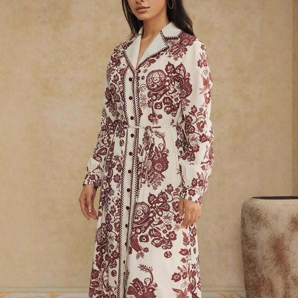 High-Waist Geometric Maxi Dress with Lapel and Button Front